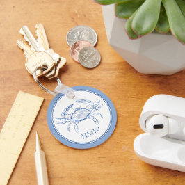 沿岸の青と白のカニのモノグラム キーホルダー