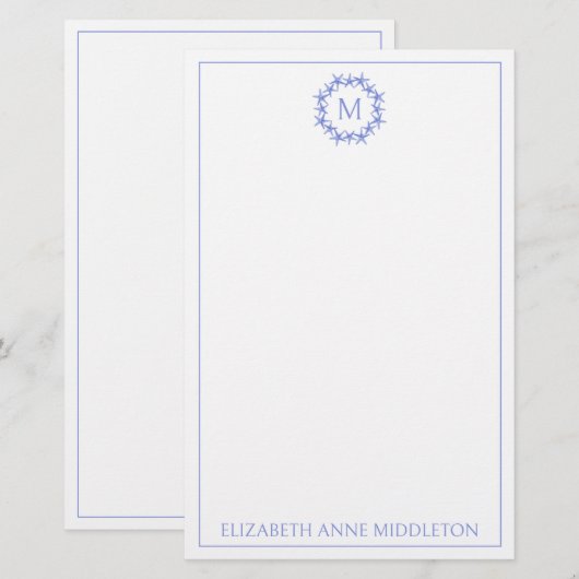 沿岸の青と白のヒトデの花輪のイニシャル 便箋 (正面/裏面)