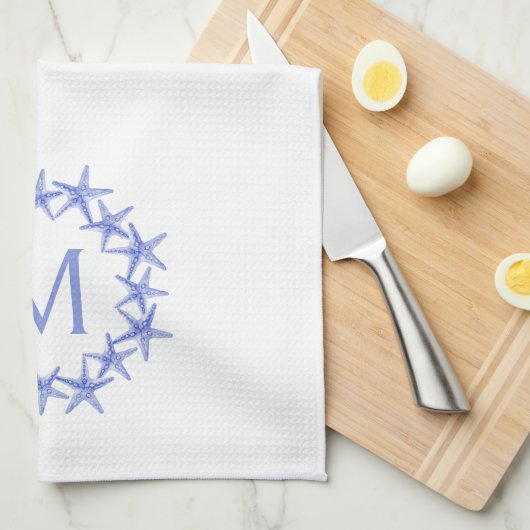 沿岸の青と白ヒトデリースモノグラム キッチンタオル (四つ折り)