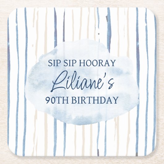 沿岸の青と砂ストライプのパーソナライズされた スクエアペーパーコースター (正面)