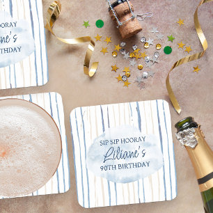 沿岸の青と砂ストライプのパーソナライズされた スクエアペーパーコースター