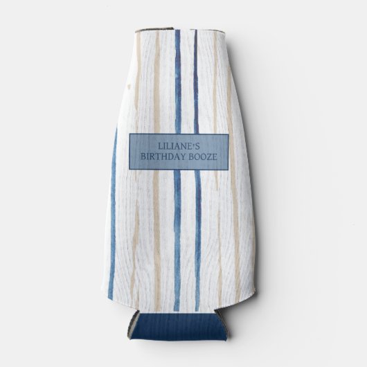 沿岸の青と砂ストライプのパーソナライズされた ボトルクーラー (正面)