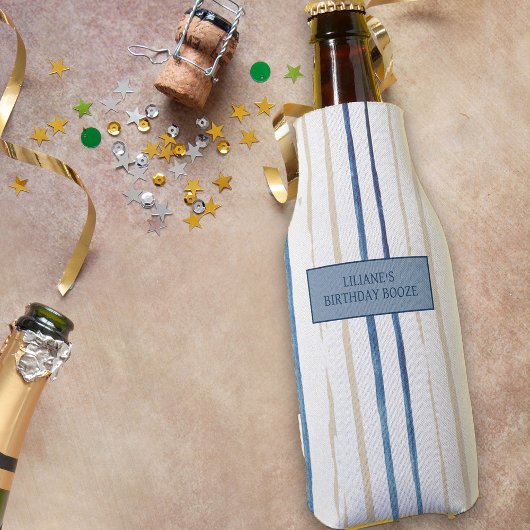 沿岸の青と砂ストライプのパーソナライズされた ボトルクーラー