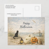 沿岸の黒猫のボート ハロウィン シーズンポストカード (正面/裏面)