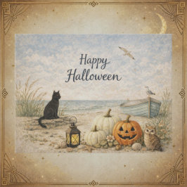 沿岸の黒猫のボート ハロウィン シーズンポストカード