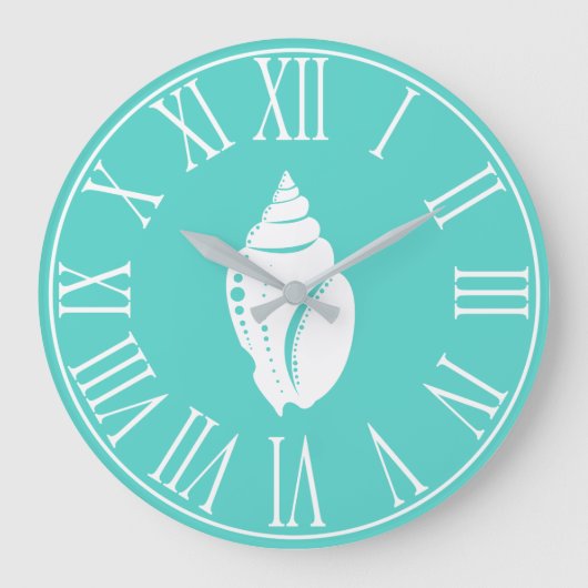 沿岸エレガントな海の緑及び白の貝殻 ラージ壁時計 (正面)