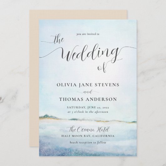 沿岸エレガント水彩夏ビーチ結婚式 招待状 (正面/裏面)