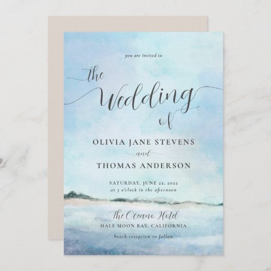沿岸エレガント水彩展開ビーチ結婚式 招待状 (正面/裏面)