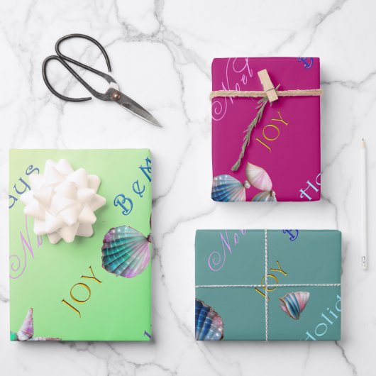 沿岸カラフルのピンク、青、緑のクリスマス ラッピングペーパーシート (正面)