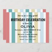 沿岸カラフルビーチストライプ誕生日 招待状 (正面/裏面)