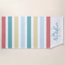 沿岸カラフルモノグラムストライプ ビーチタオル