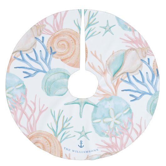 沿岸クリスマスウォーターカラーシーシェルパターン ブラッシュドポリエステルツリースカート (正面)