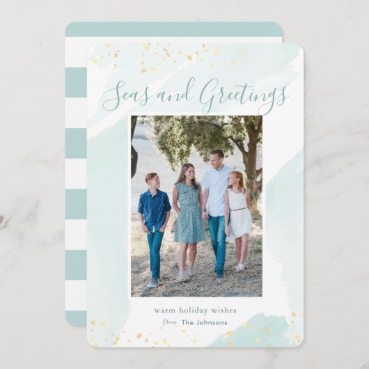 沿岸クリスマスウォーターカラーホリデーフォトカード 招待状 (正面/裏面)