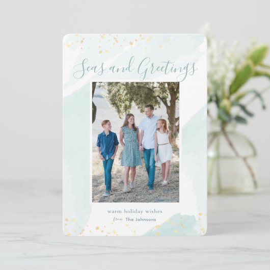 沿岸クリスマスウォーターカラーホリデーフォトカード 招待状 (スタンド正面)