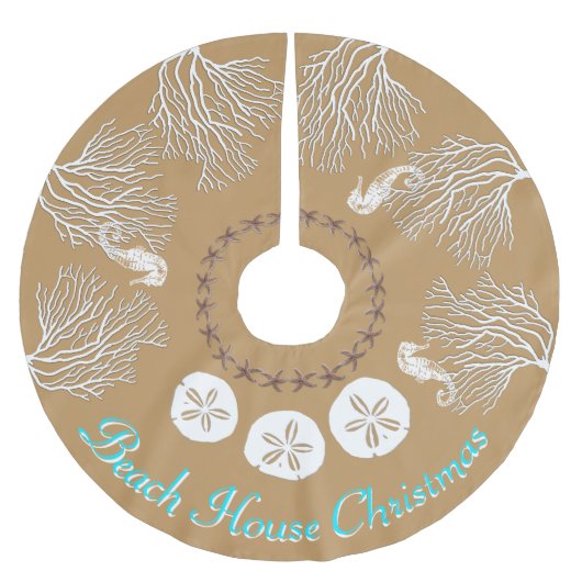 沿岸クリスマスシーコーラルパーソナライズされた ブラッシュドポリエステルツリースカート (正面)