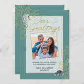 沿岸クリスマスシーズ&グリーティング金ゴールドとティール(緑がかった色) シーズンカード (正面/裏面)