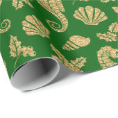 沿岸クリスマスシーホースパターン金ゴールドグリーン ラッピングペーパー (ロールコーナー)