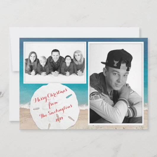 沿岸クリスマスファミリー写真サンドドル シーズンカード (正面)