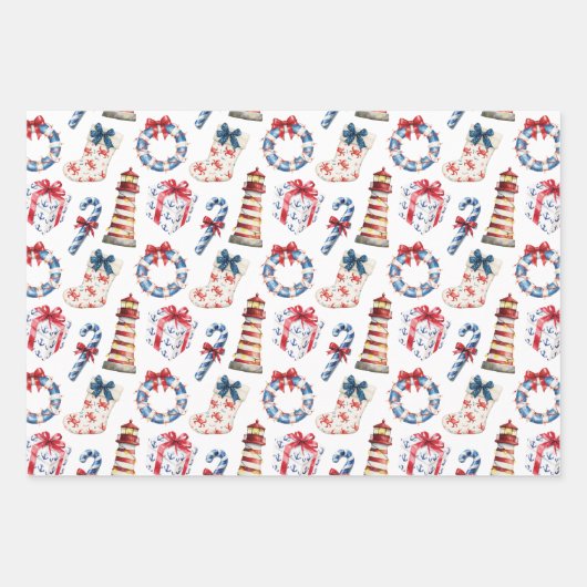 沿岸クリスマスブルーと赤航海の色 ラッピングペーパーシート (正面3)