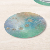 沿岸グランジ |青と緑の水のカラー金ゴールド ラウンドペーパーコースター (アングル)