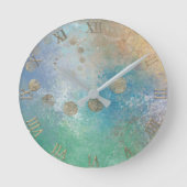 沿岸グランジ |青と緑の水のカラー金ゴールド ラウンド壁時計 (正面)