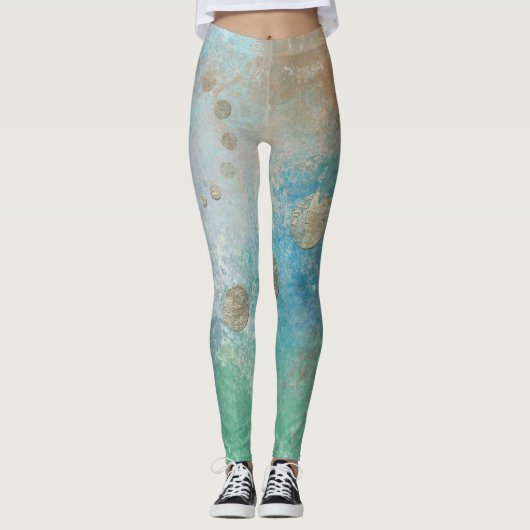 沿岸グランジ |青と緑の水のカラー金ゴールド レギンス (正面)