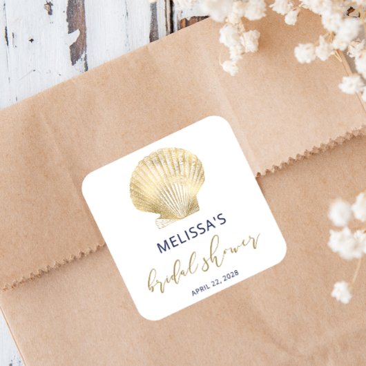 沿岸ゴールド シーシェル ネイビーブルー ブライダルシャワー スクエア スクエアシール
