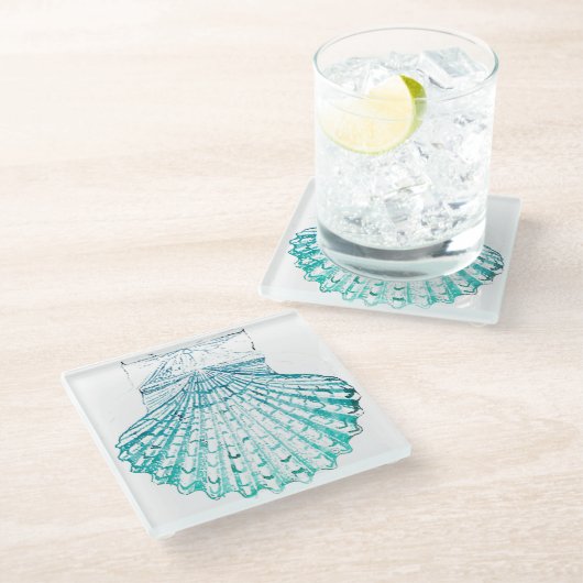 沿岸シックなティール(緑がかった色)ブルー・ウォーター・カラーのマーメイド・シーシェル ガラスコースター (アングル)