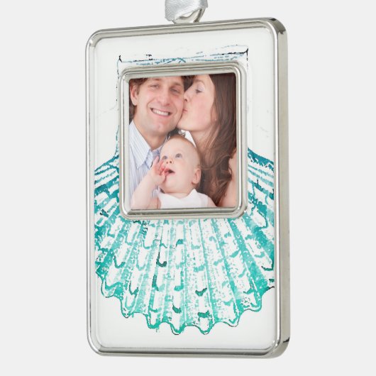 沿岸シックなティール(緑がかった色)ブルー・ウォーター・カラーのマーメイド・シーシェル シルバープレートフレームオーナメント (左)