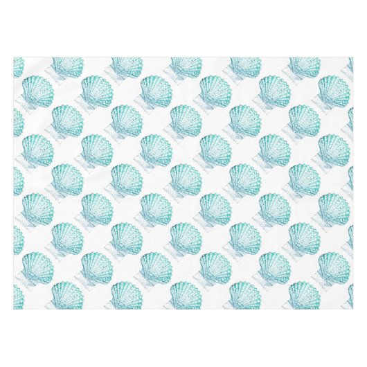 沿岸シックなティール（緑がかった色）ブルー・ウォーター・カラーのマーメイド・シーシェル テーブルクロス (正面(横))