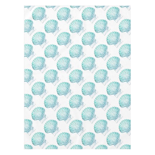 沿岸シックなティール（緑がかった色）ブルー・ウォーター・カラーのマーメイド・シーシェル テーブルクロス (正面)