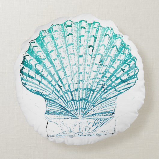 沿岸シックなティール(緑がかった色)ブルー・ウォーター・カラーのマーメイド・シーシェル ラウンドクッション (裏面)