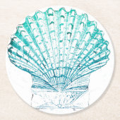 沿岸シックなティール(緑がかった色)ブルー・ウォーター・カラーのマーメイド・シーシェル ラウンドペーパーコースター (正面)