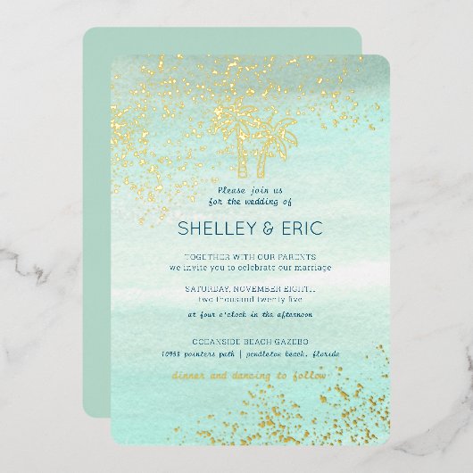 沿岸シーフ結婚ォームの水色 箔招待状 (正面/裏面)