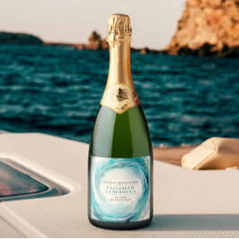 沿岸スタイリッシュエレガントターコイズ海波 スパークリングワインラベル