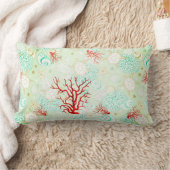 沿岸スタイル美ターコイズティール（緑がかった色）赤サンゴ  ランバークッション (ブランケット)