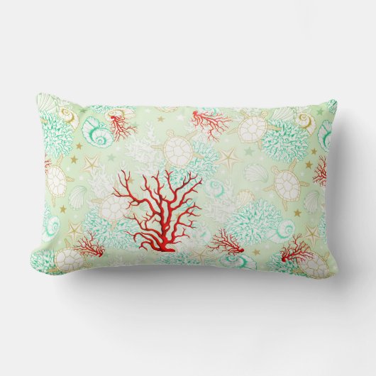 沿岸スタイル美ターコイズティール（緑がかった色）赤サンゴ  ランバークッション (正面)