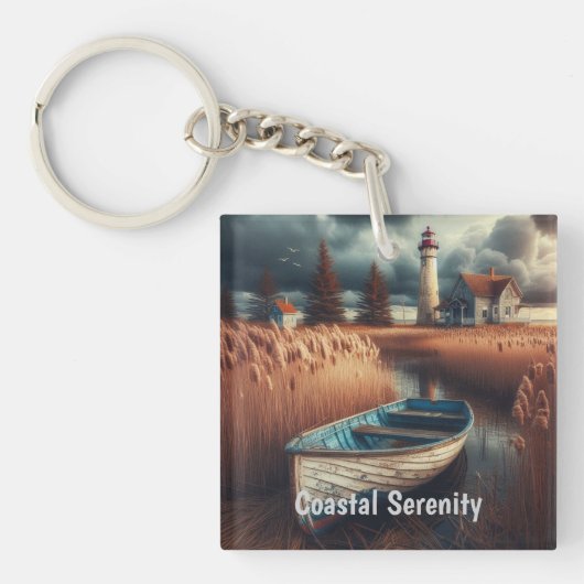 沿岸セレニティ：ライトハウスとローボート キーホルダー (正面)