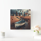 沿岸セレニティ：ライトハウスとローボート スクエア壁時計 (ホーム)