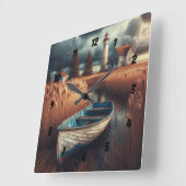 沿岸セレニティ：ライトハウスとローボート スクエア壁時計 (傾斜)