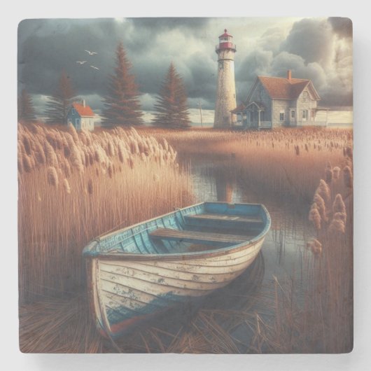 沿岸セレニティ：ライトハウスとローボート ストーンコースター (正面)