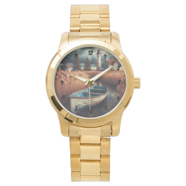 沿岸セレニティ：ライトハウスとローボート 腕時計 (正面)
