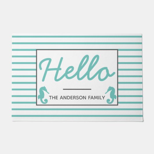 沿岸ティール(緑がかった色)のタツノオトシゴこんにちは ドアマット (正面)