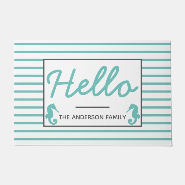 沿岸ティール（緑がかった色）のタツノオトシゴこんにちは ドアマット (正面)