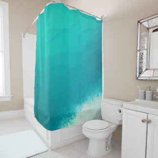 沿岸ティール（緑がかった色）ブルーアクアホワイトウォーターカラー抽象芸術 シャワーカーテン