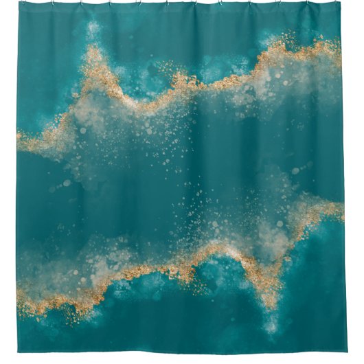沿岸ティール(緑がかった色)ブルーメタリック金ゴールド瑪瑙 シャワーカーテン (正面)