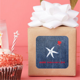 沿岸テーマバレンタインデー赤いハート&ヒトデ スクエアシール