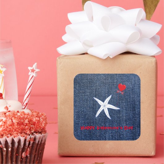 沿岸テーマバレンタインデー赤いハート&ヒトデ スクエアシール (パーティー)