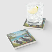 沿岸トリオ：油のビーチで3つのパフィン ストーンコースター (横)