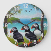 沿岸トリオ：油のビーチで3つのパフィン ラージ壁時計 (正面)